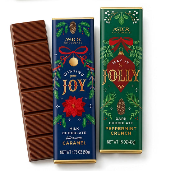 Holiday - 1.5oz Dark Chocolate Peppermint Crunch and 1.75oz Milk Chocolate Caramel Filled Bars